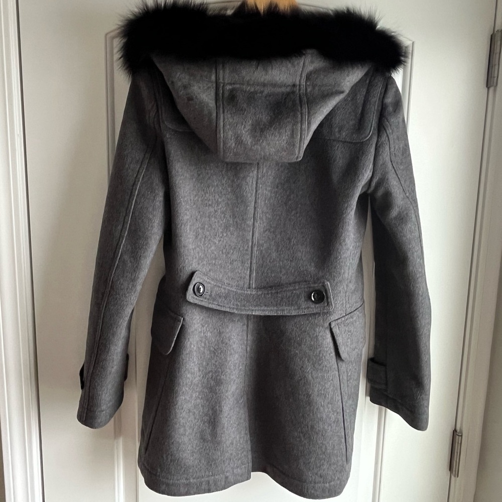 Burberry Brit Grey Wool Duffle Toggle Coat with Black Fox Fur Trimmed Hood Sz 4 - Picture 3 of 16